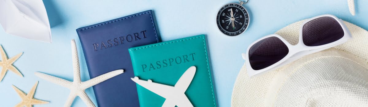Travel gear - passports, sunglasses, hat