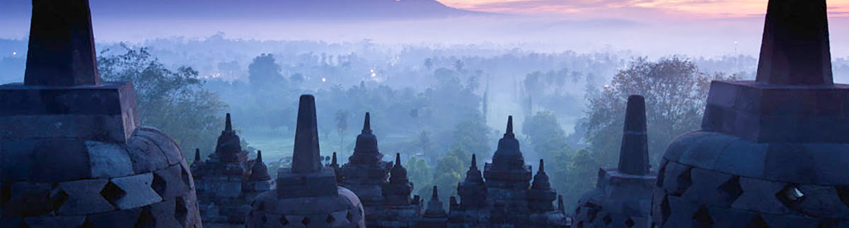 Silhouetted images of Borobudur Temple in Central Java, Indonesia