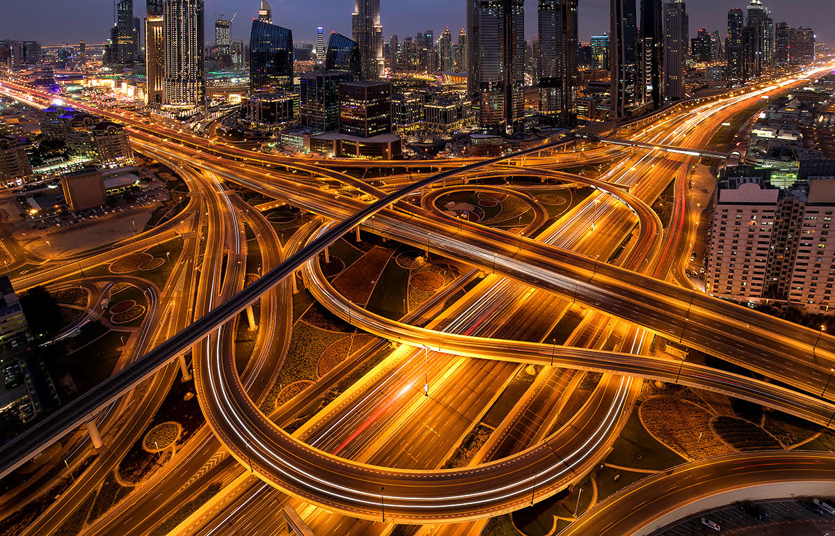 Getting around Dubai-United Arab Emirates transport-highways-night view