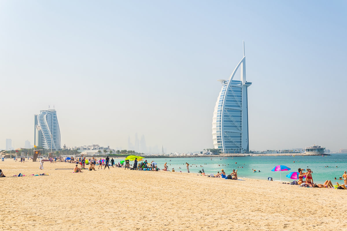 Jumeirah Beach-View of Jumeirah Beach with tourists