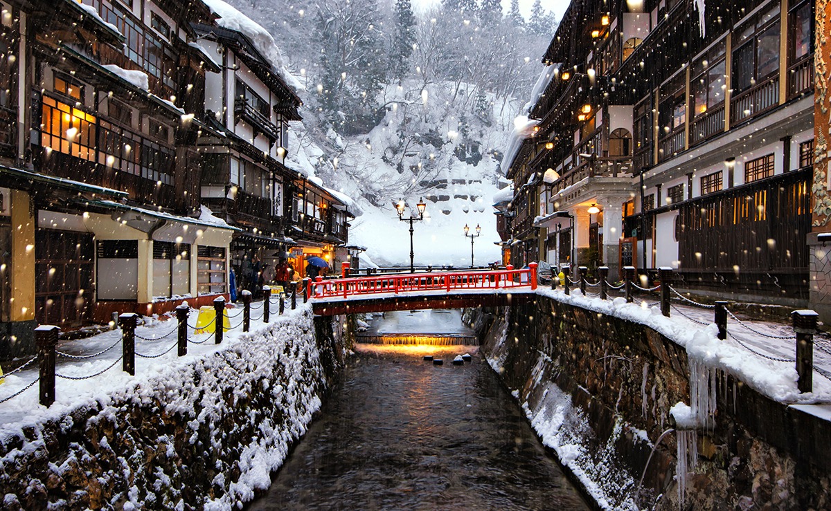 Illumination of Ginzan Onsen in Winter Snow Day, Obanazawa, Yama