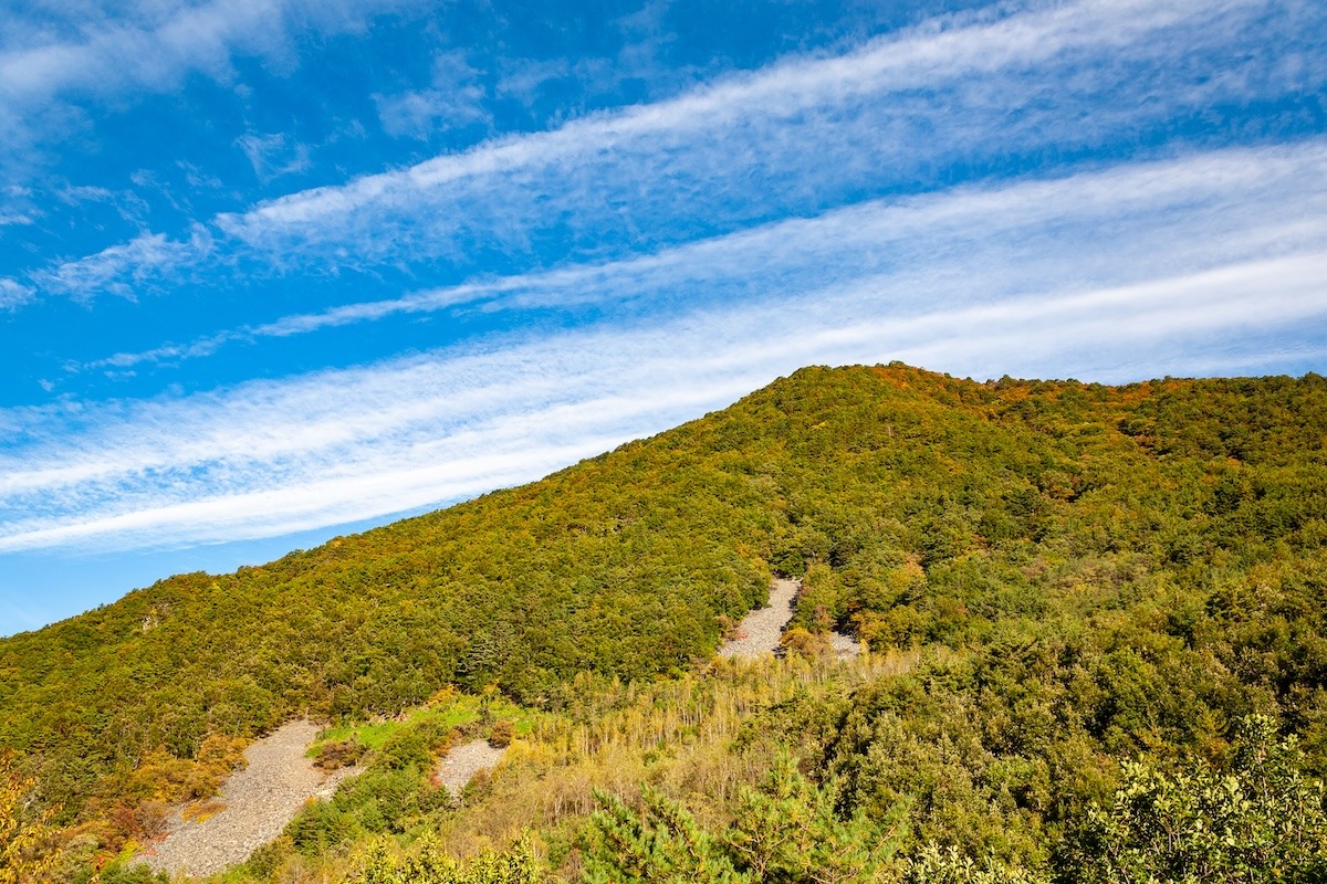 Herbstszene eines Berges mit Spuren eines Kohlebergwerks, Jeongseon-gun, Gangwon-do, Südkorea