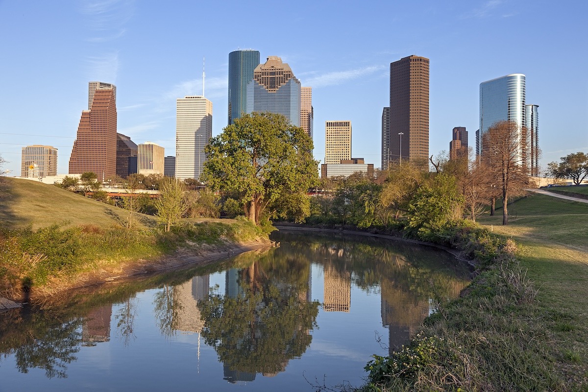 Buffalo Bayou Park und Stadtzentrum von Houston, Texas, USA