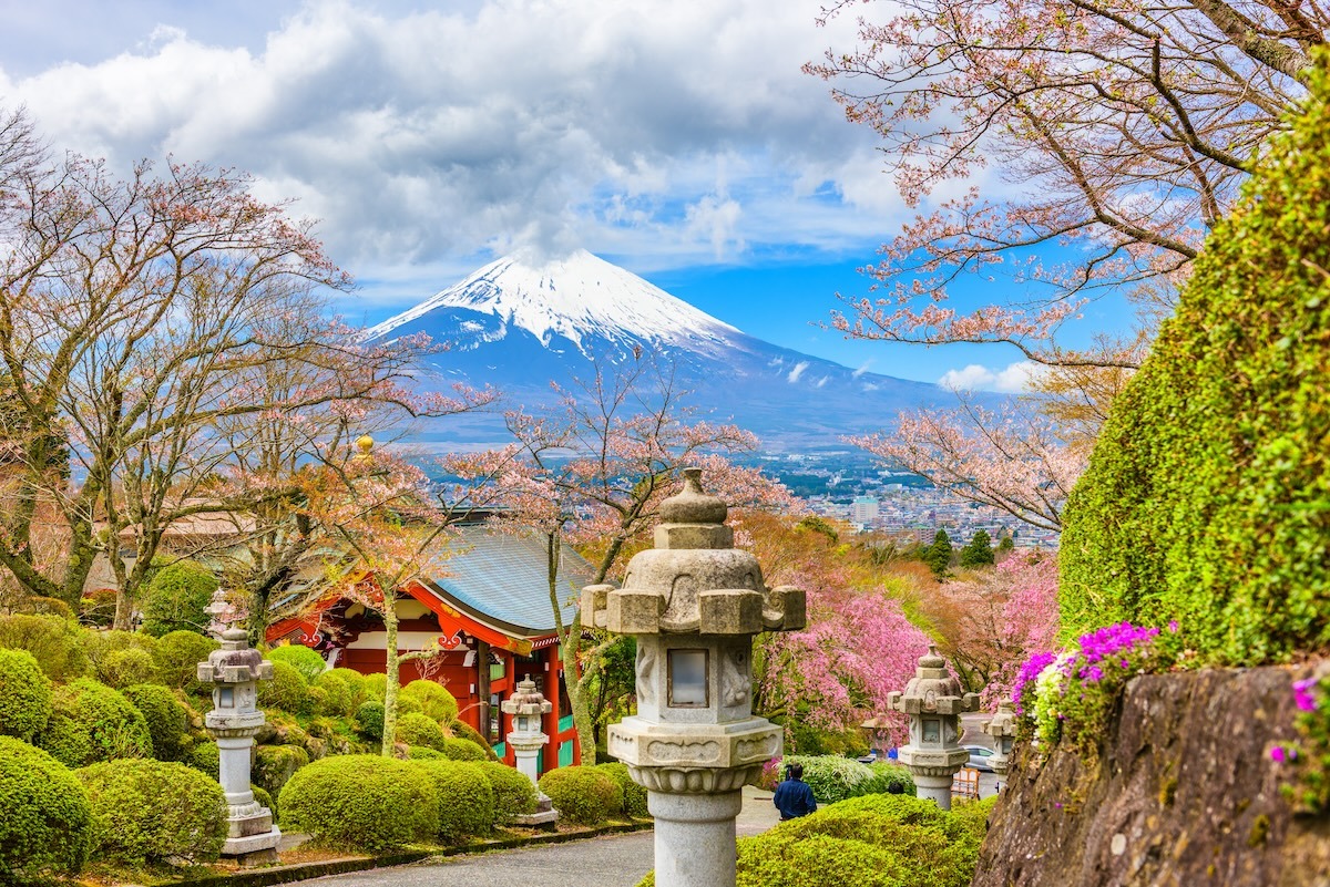 สวนสันติภาพกับภูเขาไฟฟูจิในฤดูใบไม้ผลิ โกเท็มบะ ประเทศญี่ปุ่น