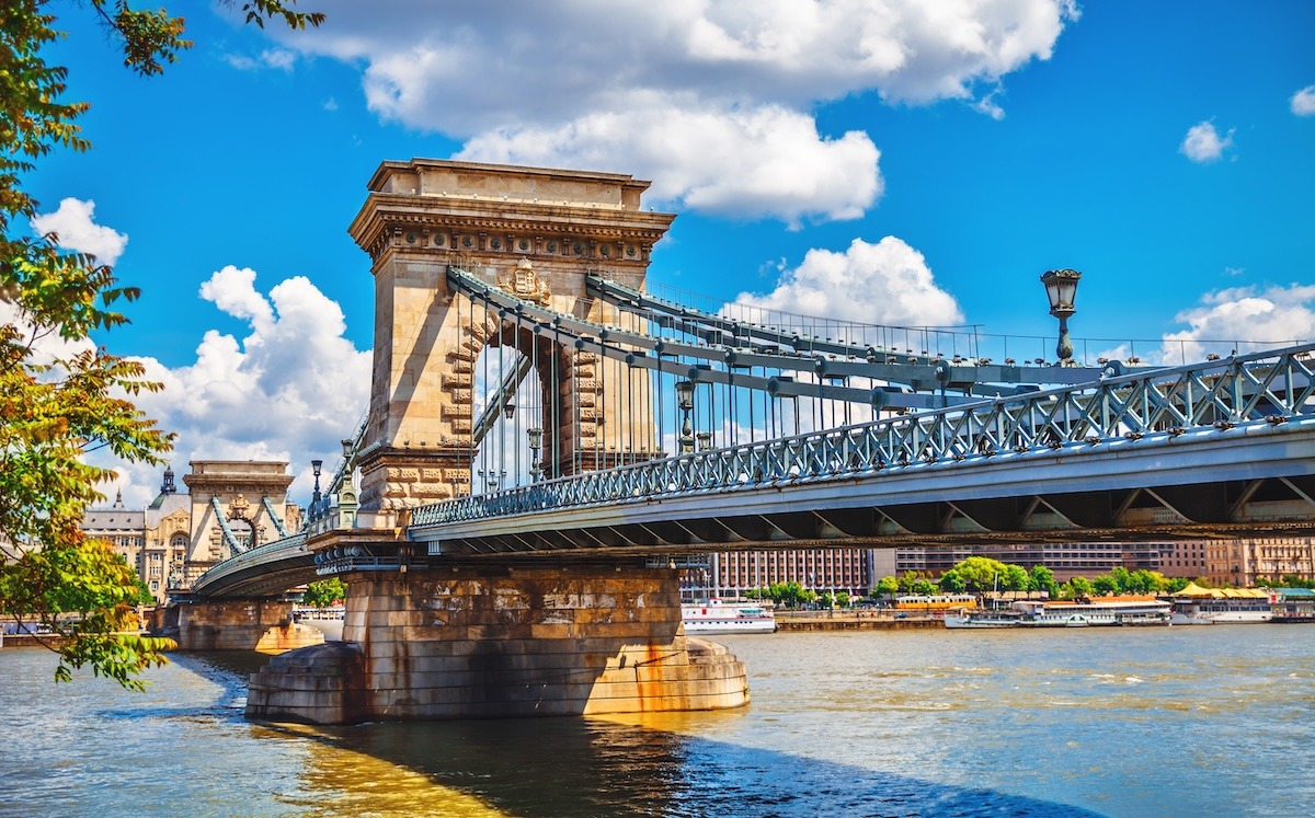 สะพานโซ่ Szechenyi จากแม่น้ำดานูบ บูดาเปสต์ ฮังการี