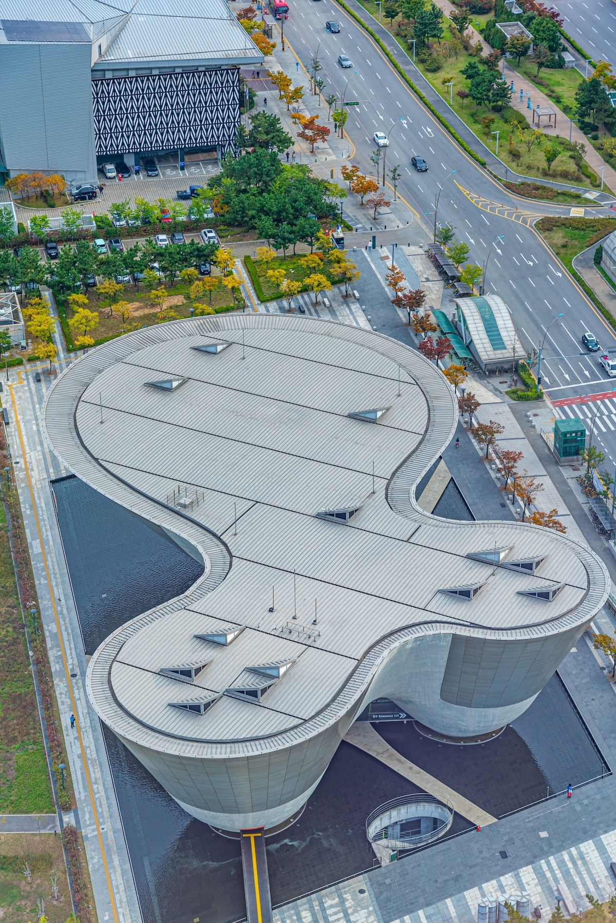 Aerial view of Tri-bowl cultural center in Incheon.