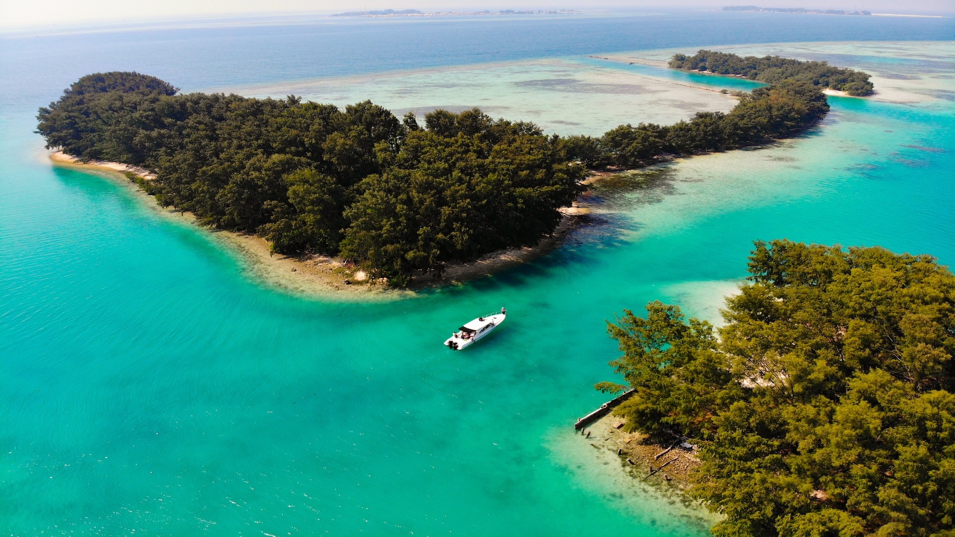 Aerial view of Jakarta's Thousand Islands with clear blue water