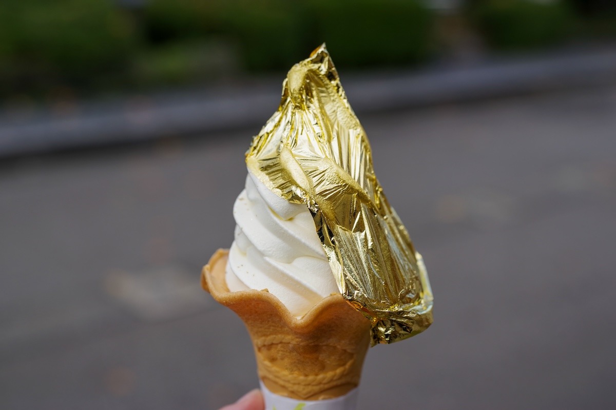 Gold leaf soft serve ice cream, Kanazawa City, Ishikawa Prefecture, Japan Gold leaf soft serve ice cream, Kanazawa City, Ishikawa Prefecture, Japan
